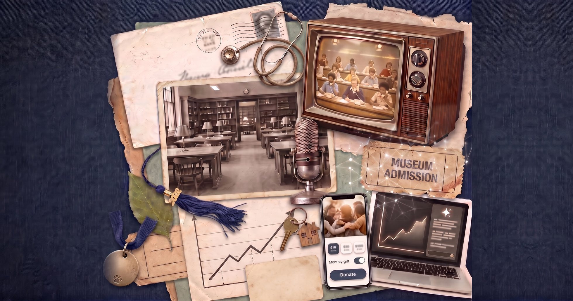 A collage spanning 1976 to today: a stamped envelope, a library reading room, a vintage TV showing a pledge drive, a museum ticket and a pet tag, alongside a phone showing a donation page and a laptop with an AI assistant