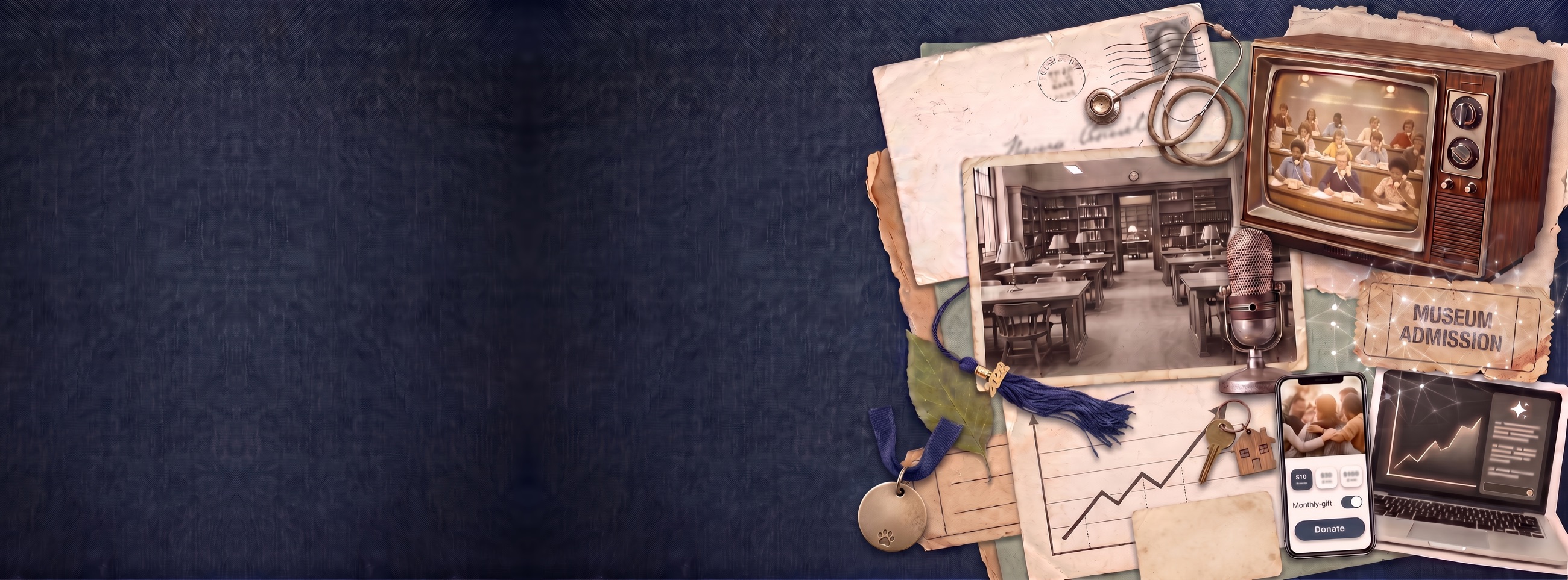 A collage spanning 1976 to today: a stamped envelope, a library reading room, a vintage TV showing a pledge drive, a museum ticket and a pet tag, alongside a phone showing a donation page and a laptop with an AI assistant