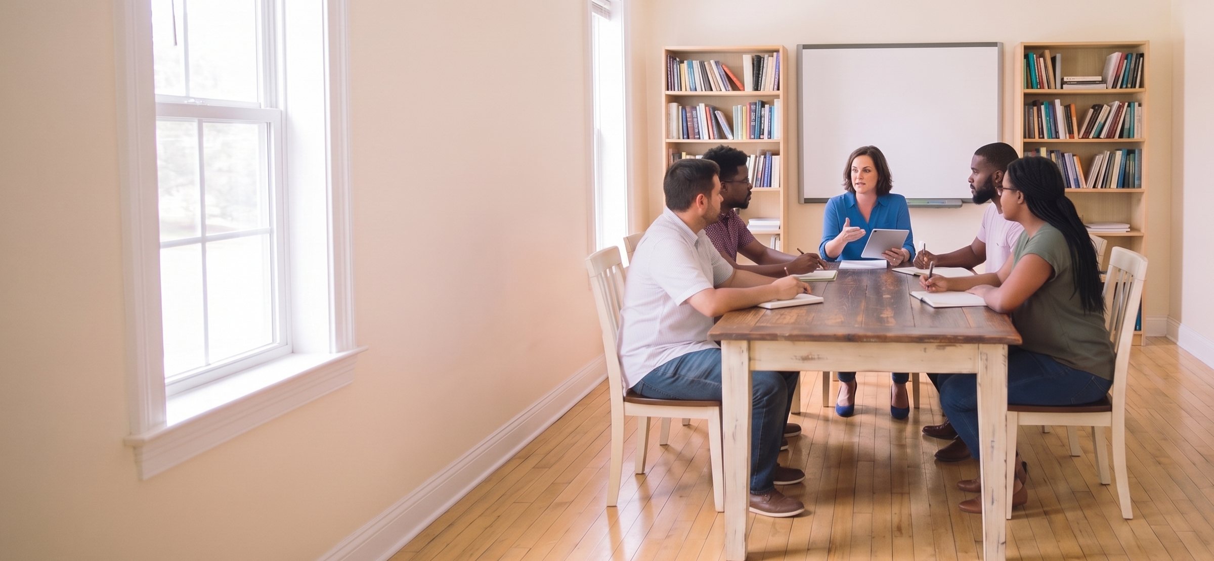 A nonprofit team around a wooden table as a colleague shares an idea from an article on her iPad