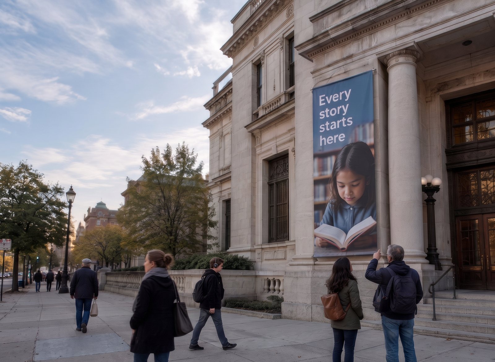 People on a city sidewalk stopping to look up at a large banner outside a library