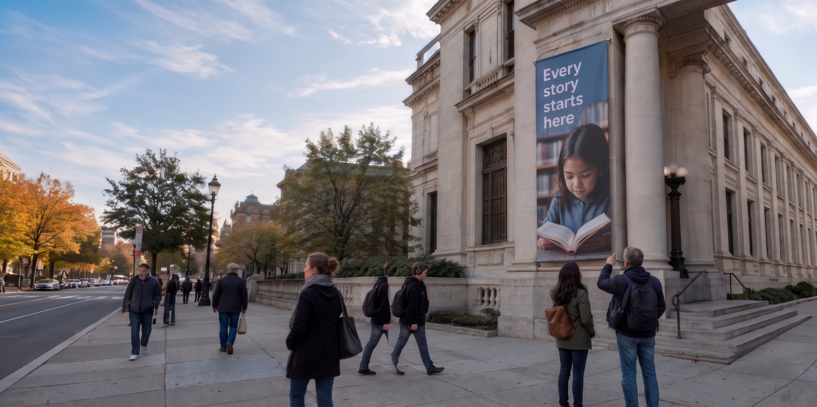 People on a city sidewalk stopping to look up at a large banner outside a library