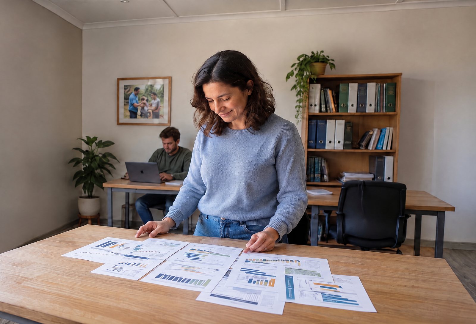A nonprofit staff member in a sweater reviewing printed campaign result reports spread on a worktable while a colleague works nearby