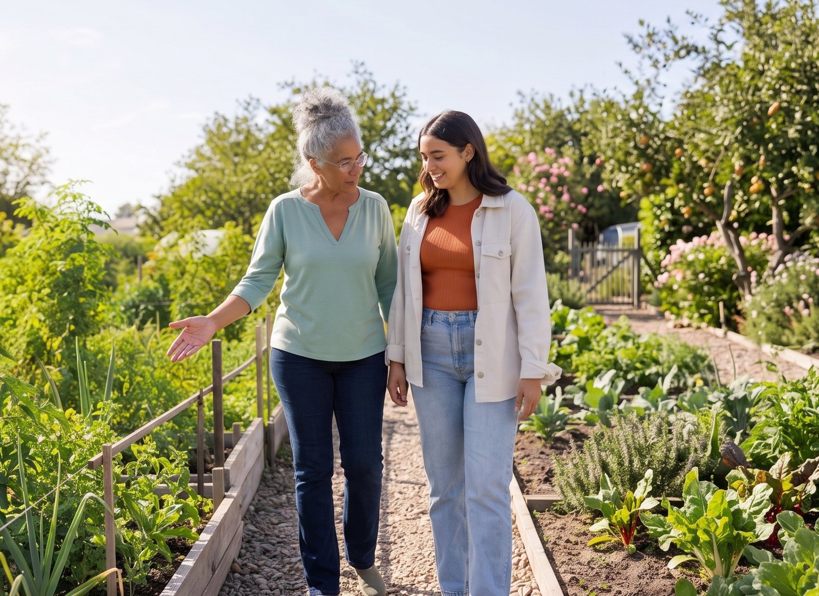 Two women of different generations talking as they walk through a community garden