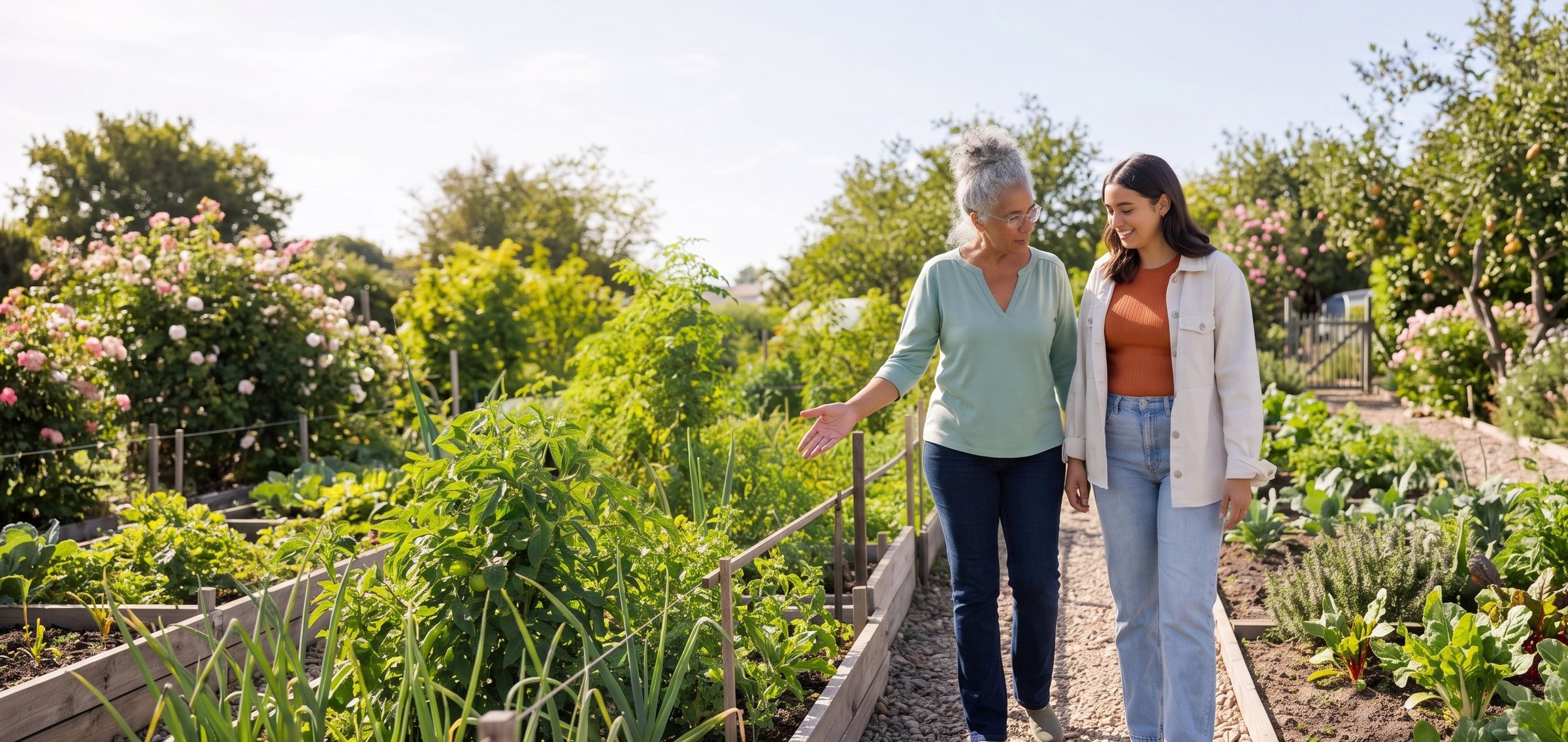Two women of different generations talking as they walk through a community garden