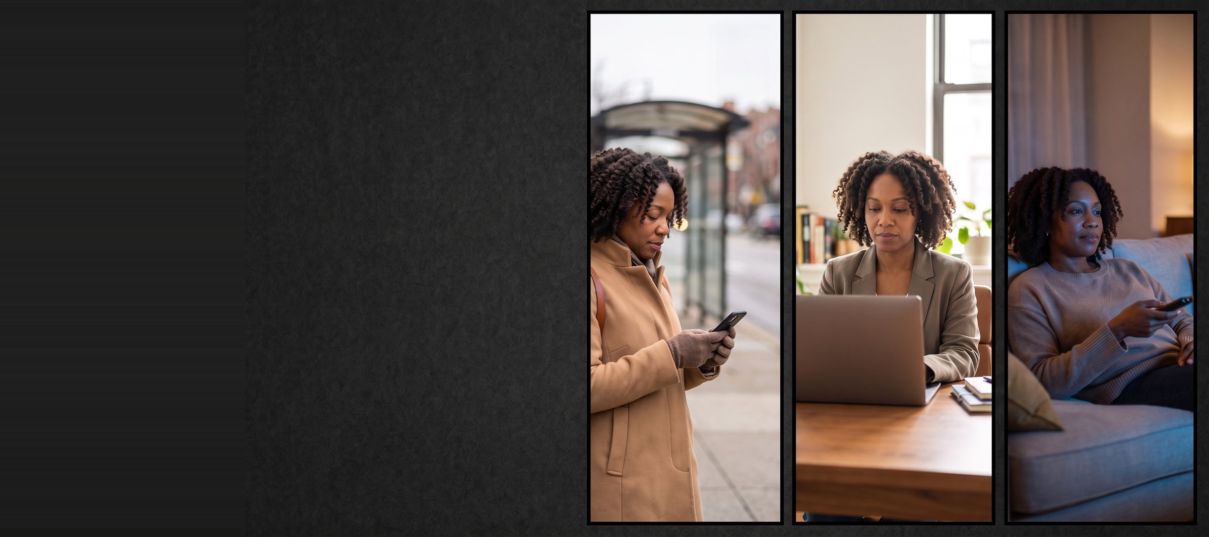 The same woman through one day: on her phone at a bus stop, on a laptop at work, and on the sofa in the evening