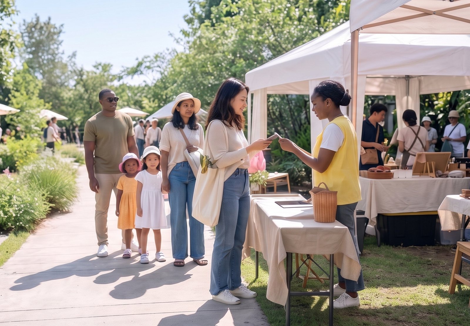 Visitors arriving and checking in at a bright outdoor event
