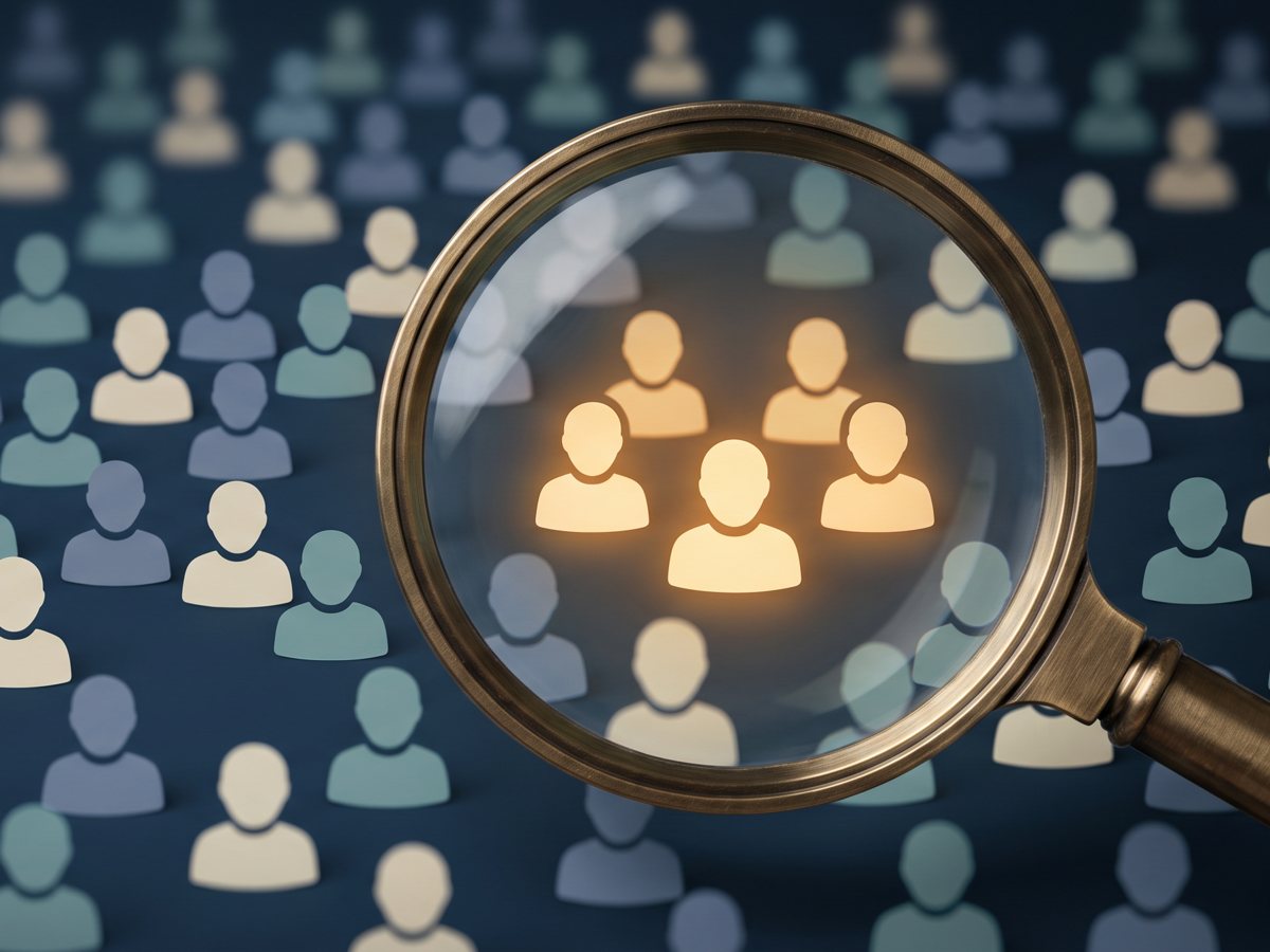 A magnifying glass over a crowd of figures, singling out a small group highlighted in amber
