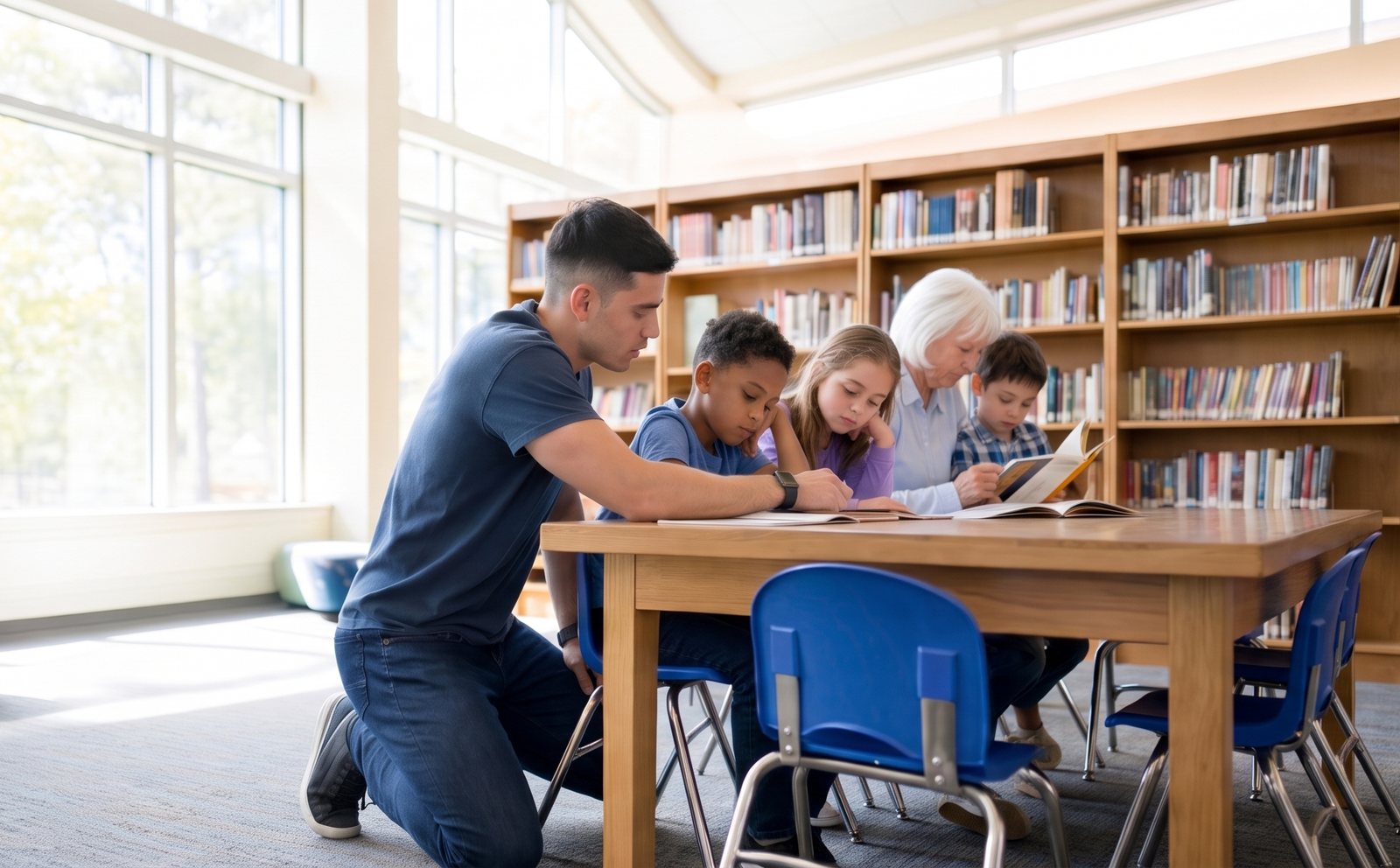 A young adult volunteer helping elementary students with reading in a school library