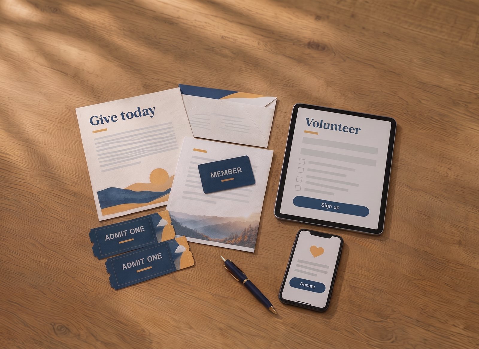 An appeal letter, a membership card, event tickets, a tablet with a volunteer sign-up form and a phone showing a donation page, laid out on a table