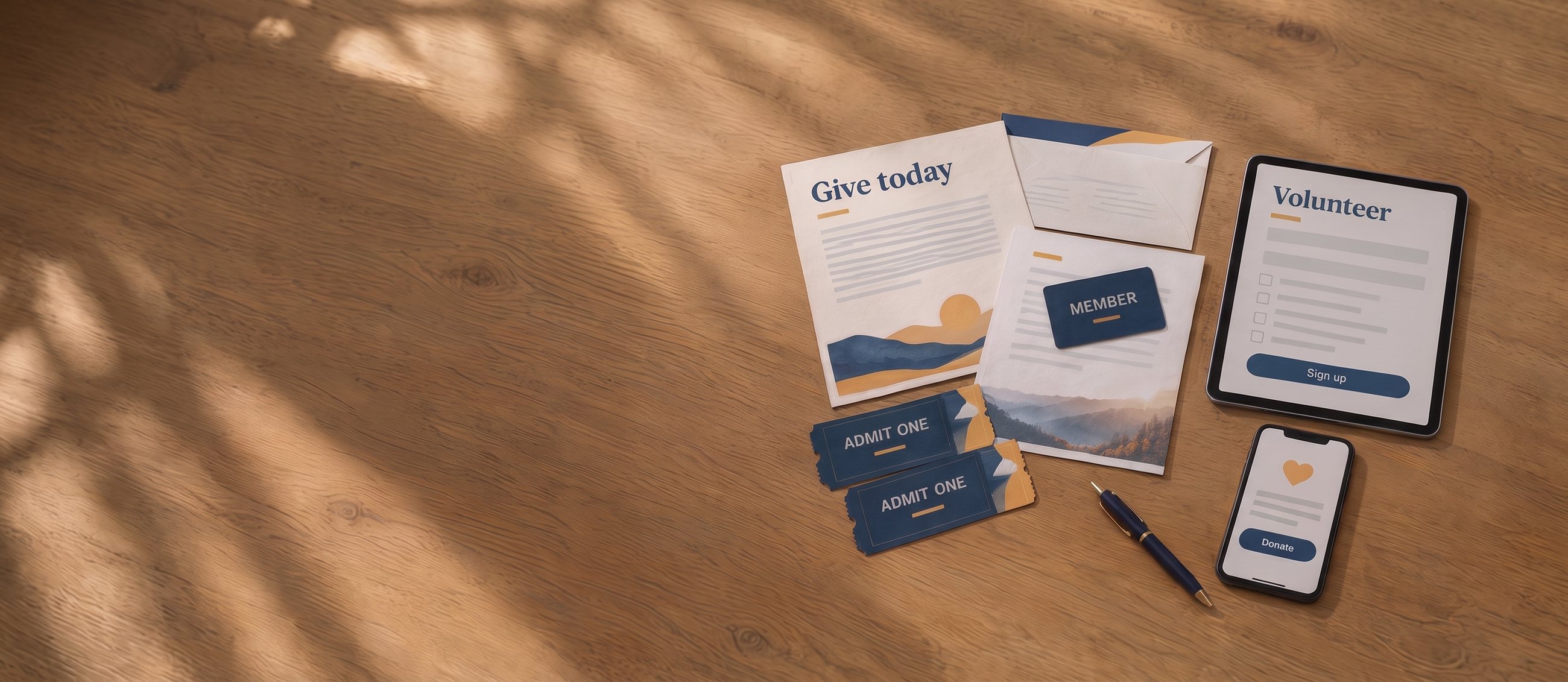An appeal letter, a membership card, event tickets, a tablet with a volunteer sign-up form and a phone showing a donation page, laid out on a table