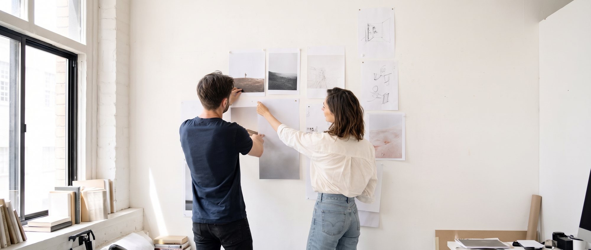Two designers pinning layouts to a studio wall