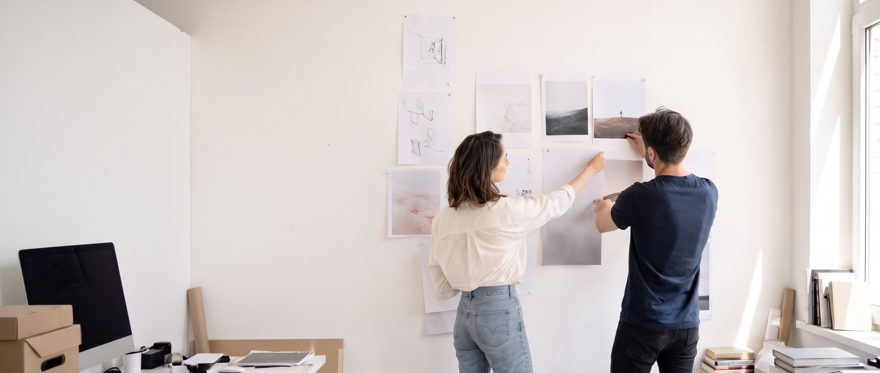 Two designers pinning layouts to a studio wall