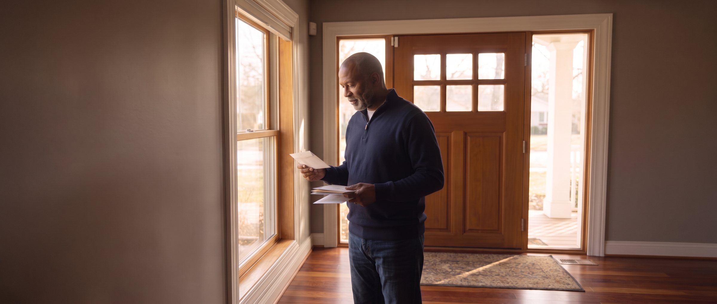 A man just inside his front door, pausing on one envelope from the day's mail
